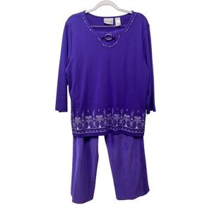 Alfred Dunner 2 Piece Set Purple Rhinestone Embellished Velour Lounge Top Pant L